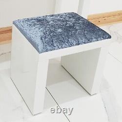 Dressing Table Stool WHITE GLASS GREY CRUSHED VELVET Mirrored Vanity Stool Seat