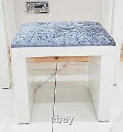 Dressing Table Stool WHITE GLASS GREY CRUSHED VELVET Mirrored Vanity Stool Seat