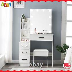 Dressing Table Vanity Desk with Sliding Mirror and 10 LED Light Bulbs + Stool