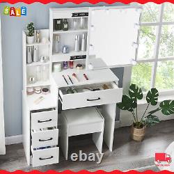 Dressing Table Vanity Desk with Sliding Mirror and 10 LED Light Bulbs + Stool
