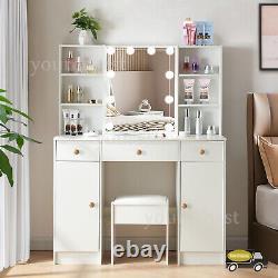 Dressing Table Vanity Makeup Desk Set With Mirror &10 LED Lights 6 Shelves Stool