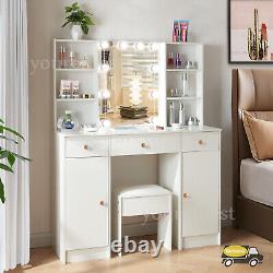 Dressing Table Vanity Makeup Desk Set With Mirror &10 LED Lights 6 Shelves Stool