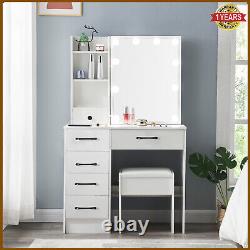 Dressing Table Vanity Makeup Desk With 10 LED Lighted Mirror And 6 Shelves Stool