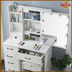 Dressing Table Vanity Makeup Desk With 10 LED Lighted Mirror And 6 Shelves Stool