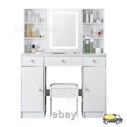 Dressing Table Vanity Makeup Desk With Large Drawers And Smart LED Mirror &Stool