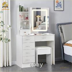 Dressing Table Vanity Makeup Desk With Large Mirror &Smart LED Lights 6 Shelves