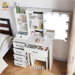 Dressing Table Vanity Makeup Desk With Slide Lighted Mirror And Stool &6 Shelves