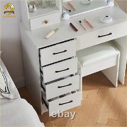 Dressing Table Vanity Makeup Desk With Slide Lighted Mirror And Stool &6 Shelves