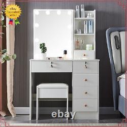 Dressing Table Vanity Set Make Up Desk with Sliding Lighted Mirror & Stool White
