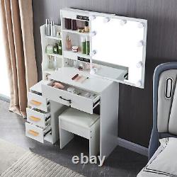 Dressing Table Vanity Set Makeup Desk Rectangle LED Light Mirror Slide with Stool