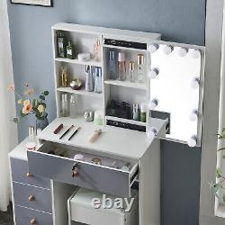 Dressing Table Vanity Set Makeup Desk with Stool Slide Mirror Drawers LED Lights