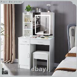 Dressing Table Vanity Set Makeup Desk with3 Colors Dimmable LED Light Mirror Stool