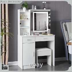 Dressing Table Vanity Set Makeup Desk with3 Colors Dimmable LED Light Mirror Stool