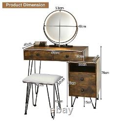 Dressing Table Vanity Set Makeup Stool LED Light 2-Drawer Chest Storage Cabinet
