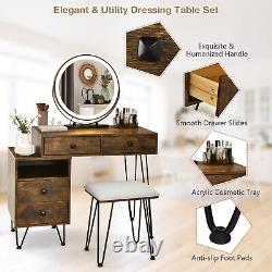 Dressing Table Vanity Set Makeup Stool LED Light 2-Drawer Chest Storage Cabinet