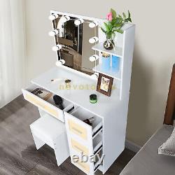 Dressing Table Vanity Set Makeup Stool Light 4-Drawer Chest Storage Cabinet
