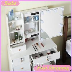 Dressing Table Vanity Set With LED Lights Mirror For Bedroom Makeup Desk & Stool