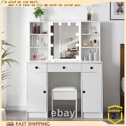 Dressing Table Vanity Stool Makeup LED Lighted Mirror 3-Drawers and Cabinets Set