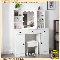 Dressing Table Vanity Stool Makeup LED Lighted Mirror 3-Drawers and Cabinets Set