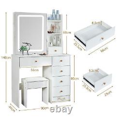 Dressing Table With LED Lighted Mirror & 6 Drawers Vanity Makeup Desk Stool Set