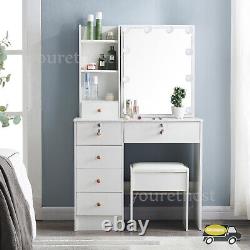 Dressing Table With LED Lights Sliding Mirror Vanity Table Makeup Desk Dresser