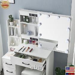 Dressing Table With LED Lights Sliding Mirror and 4 Drawers Vanity Makeup Desk