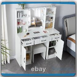 Dressing Table With LED Mirror 2 Large Drawers 6 Open Shelves Vanity Makeup Desk