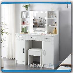 Dressing Table With LED Mirror 2 Large Drawers 6 Open Shelves Vanity Makeup Desk