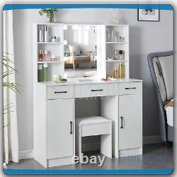 Dressing Table With LED Mirror 2 Large Drawers 6 Open Shelves Vanity Makeup Desk