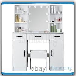 Dressing Table With LED Mirror 2 Large Drawers 6 Open Shelves Vanity Makeup Desk