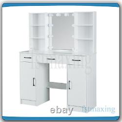 Dressing Table With LED Mirror 2 Large Drawers 6 Open Shelves Vanity Makeup Desk