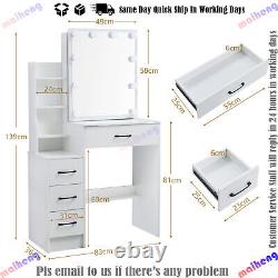 Dressing Table With LED Mirror 4Drawers Vanity Desk Makeup Table Stool Set Bedroom