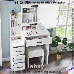 Dressing Table With LED Mirror 4Drawers Vanity Desk Makeup Table Stool Set Bedroom