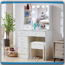 Dressing Table With LED Mirror 6 Drawers &Crystal Knob Pull Vanity Makeup Desk