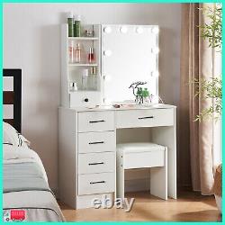 Dressing Table With Led Mirror, Drawers Vanity Table Makeup Desk Stool Set White