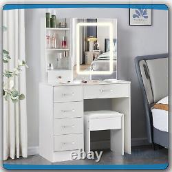 Dressing Table With Slide Mirror LED Touch 3 Lights & Shelves Stool Makeup Desk