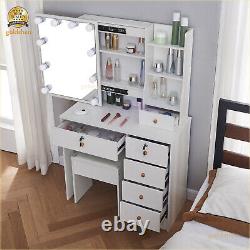 Dressing Table With Sliding Mirror &3-Color LED Lights 6 Shelves Makeup Desk Set