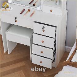 Dressing Table With Sliding Mirror &3-Color LED Lights 6 Shelves Makeup Desk Set