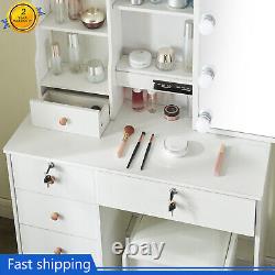 Dressing Table With Sliding Mirror & Color LED Lights 5 Drawers Makeup Desk Set