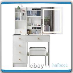 Dressing Table With Sliding Mirror LED Touch Lights 6 Drawers Makeup Vanity Desk