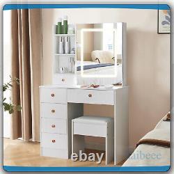 Dressing Table With Sliding Mirror LED Touch Lights 6 Drawers Makeup Vanity Desk