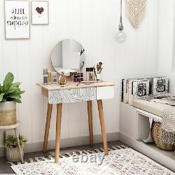 Dressing Table Wooden Compact with Drawer Mirror 4 Legs Table Top Bedroom