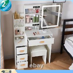 Dressing Table Wooden Makeup Desk with LED Light Mirror Stool Drawer Set Bedroom