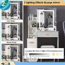 Dressing Table Wooden Makeup Desk with LED Light Mirror Stool Drawer Set Bedroom