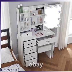 Dressing Table with 10 LED Sliding Mirror & 6 Drawers Vanity Makeup Desk Stool Set
