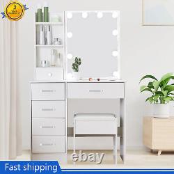 Dressing Table with 6 Drawers 10 LED Mirror Stool Set Makeup Desk Vanity Table