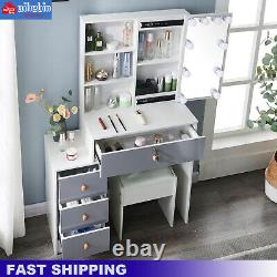 Dressing Table with Drawer LED Mirror Stool Set Makeup Desk Vanity Table Bedroom