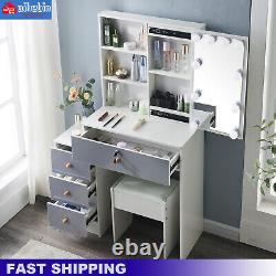Dressing Table with Drawer LED Mirror Stool Set Makeup Desk Vanity Table Bedroom