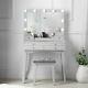 Dressing Table With Hollywood Led Bulbs Mirror Glass Tabletop Stool Grey Set