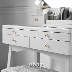 Dressing Table with Hollywood LED Bulbs Mirror Glass Tabletop Stool Grey Set